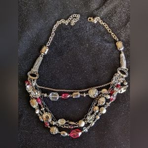 Costume Jewelry, Tiered Necklace, Clear/Red Stones, Silver Tone